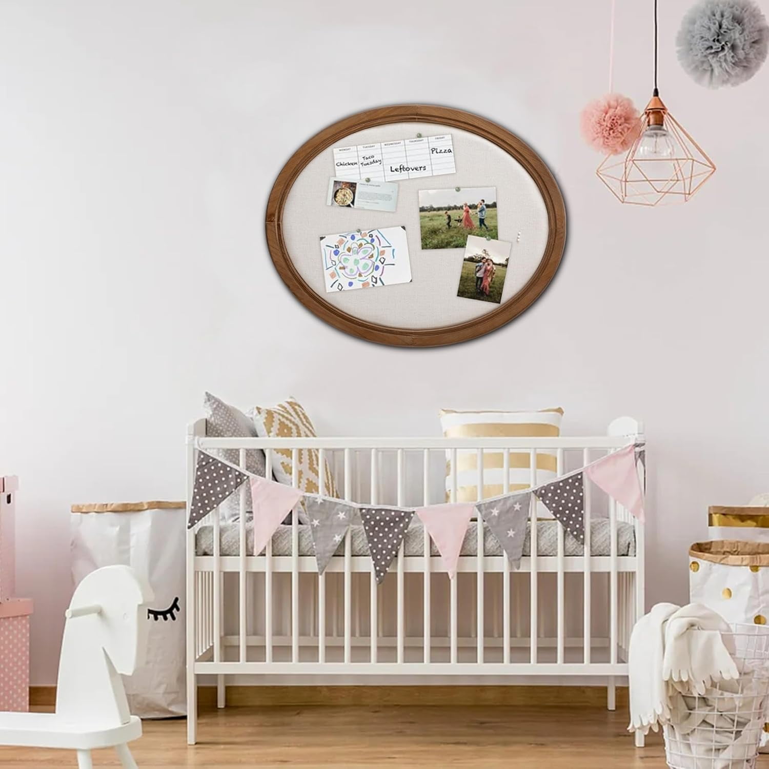 SOFE Oval Framed Linen Bulletin Board 21" x 17", Unique Fabric Pin Boards for Walls, Hanging Vision Board, Message Display Notice Memory Board for Office Home and School with Pins