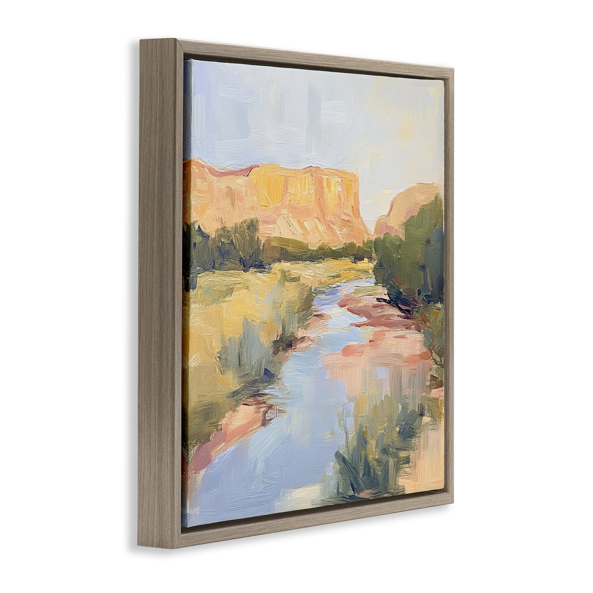 Stupell Industries Painted Plateau River Reflection Brown Framed Floater Canvas Wall Art, design by Petal Prints Design