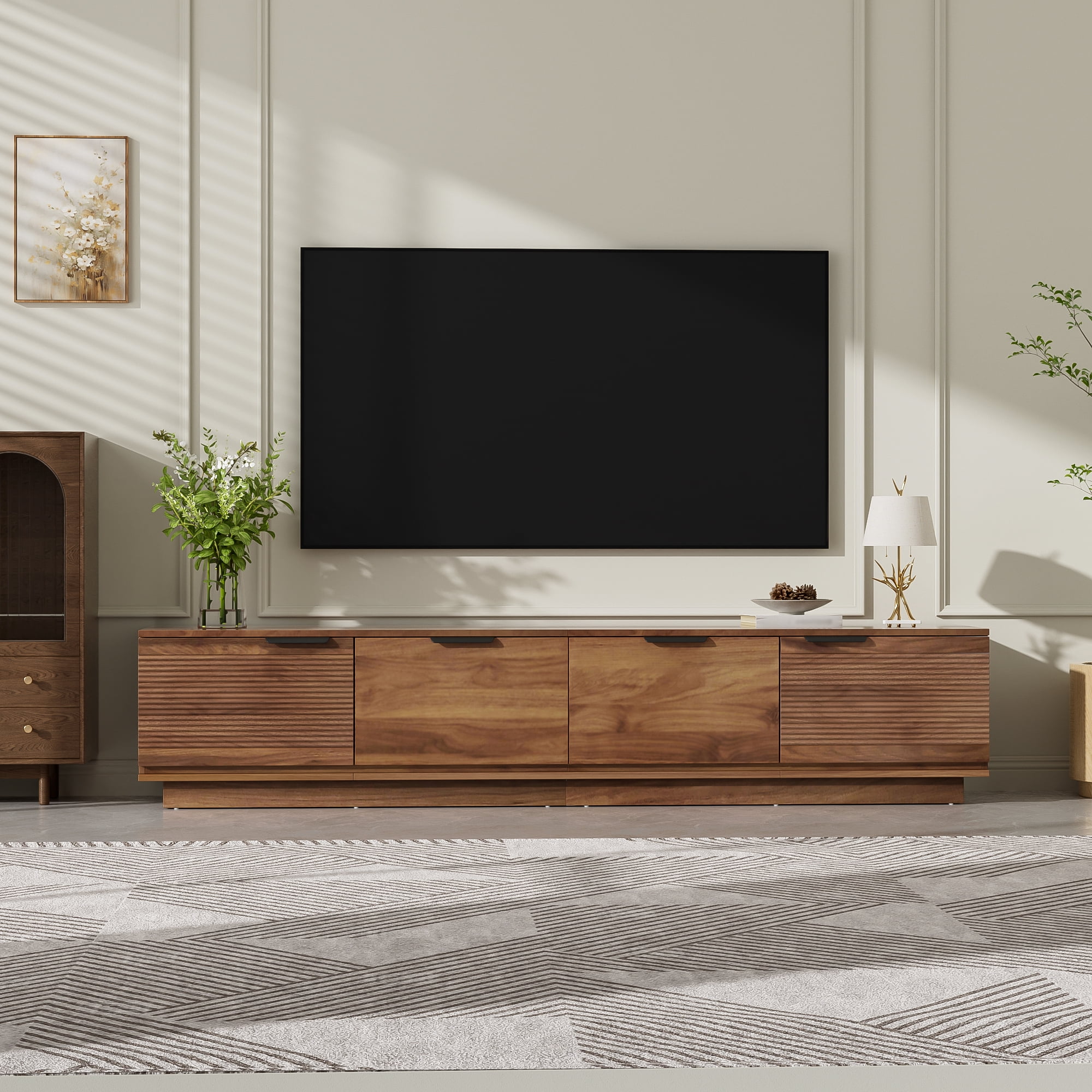 TV Stand for TVs up to 85 Inch, Entertainment Center with Slatted Doors & Cable Management, Media Console with Soft-Close Hinges for Living Room
