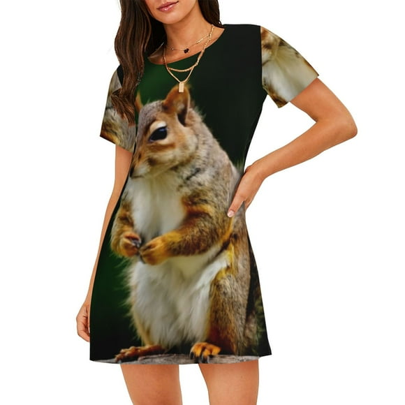 Bixox Squirrels Eating Peanuts On The Tree Pattern Women's Nightgown, Soft & Breathable Sleepwear, Round Neck Knee-Length Pajama Dress,Loungewear for Home & Sleep