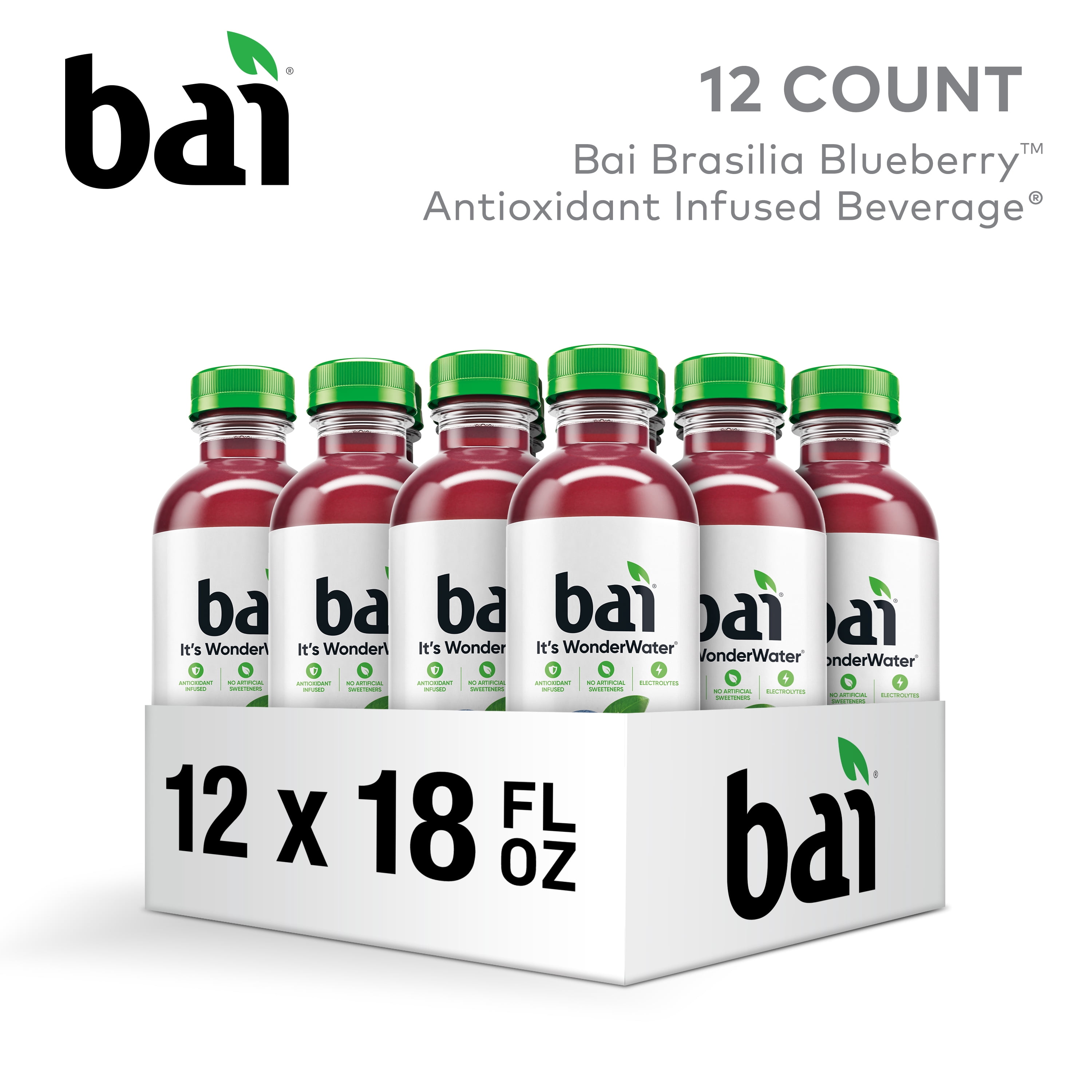 Bai Brasilia Blueberry Antioxidant Infused Water Beverage, 18 fl oz, 12 Pack Bottles