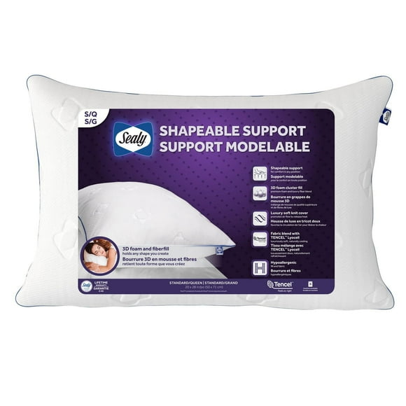 Sealy Shapeable Support All Positions Foam and Fiber Blend Machine Washable Bed Pillow, Sealy Pillow Standard/Queen