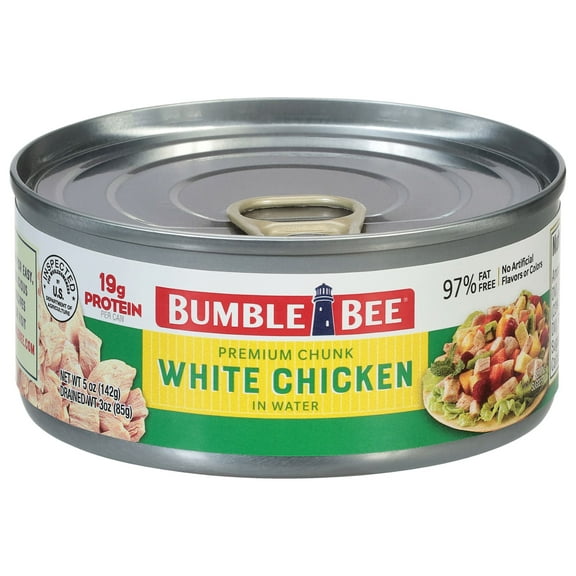 Bumble Bee Premium Chunk White Chicken in Water, 19g Protein per Serving, Gluten Free, Shelf Stable Can, 5 oz