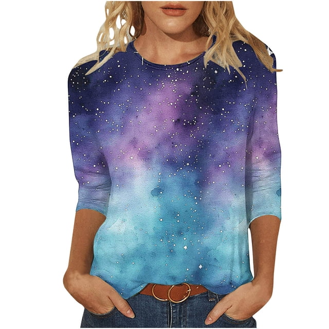 Camiseta Casual de Cuello de Tripulación de Impresión Espacial para las Mujeres, Cardigans Ligeros de Manga 3/4 para las Mujeres Estilo Blusa Suave