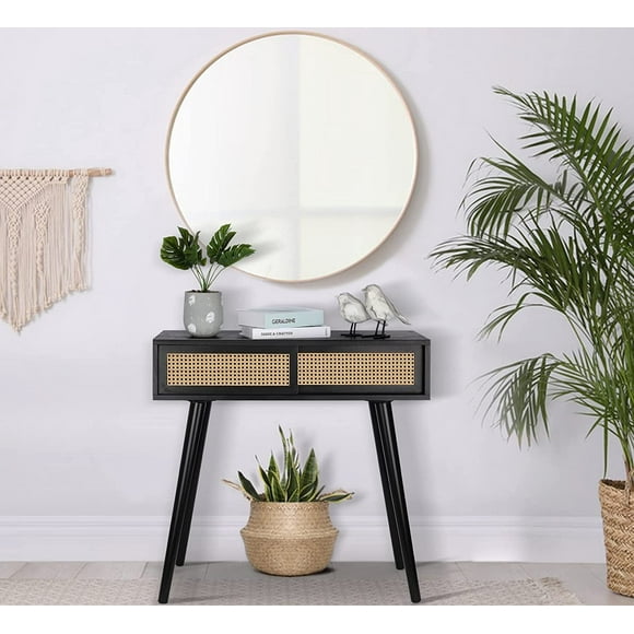 Console Side Table for Entryway, Rattan Dresser, Narrow, Boho Modern Hallway Side and Sofa Table for Living Room, Vanity Desk, Black, Small, 31"