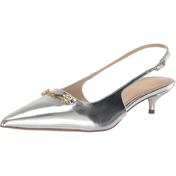 Sam Edelman Fitzgerald Soft Silver Pointed Toe Slingback Kitten Heeled Pumps (Soft Silver, 6)