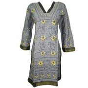 Mogul Designer Tunic Grey Embroidered Cotton Kurta Kaftan Dresses for Women's