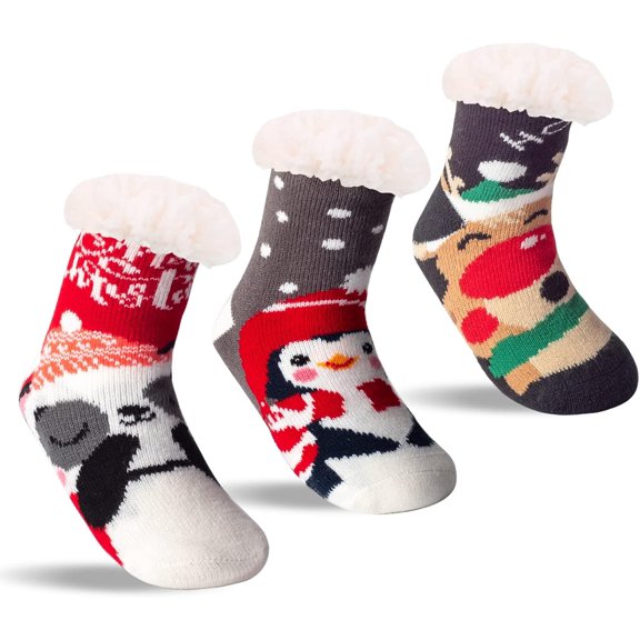 Minzimin 3 Pairs Kids Boys Girls Slipper Socks Winter Sherpa Lined Fuzzy Warm Soft Non Skid