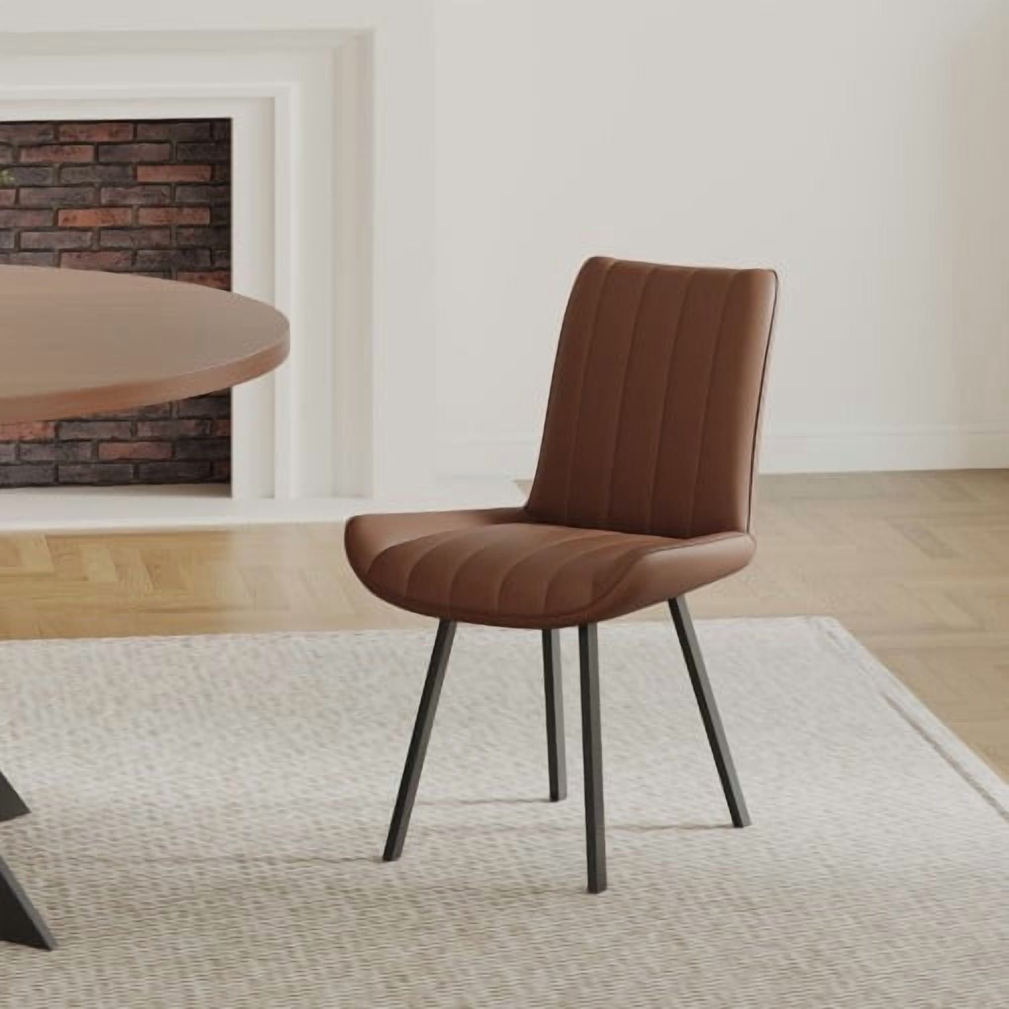 Set of 2 Brown PU Leather Dining Chairs, Modern Breathable Kitchen Chairs with Metal Legs