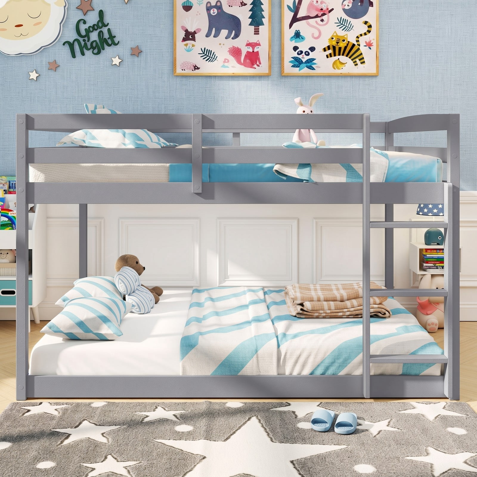 Furnibear Full Over Full Low-to-ground Wood Bunk Bed with Guardrails and Integrated Ladder for Kids and Shared Rooms, Gray