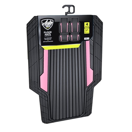 AUTO DRIVE 4-PIECE BLACK & PINK HEAVY DUTY RUBBER CAR FLOOR MATS, ALL WEATHER UNIVERSAL TRIM-TO FIT FOR CAR, SUV AND TRUCK MATS