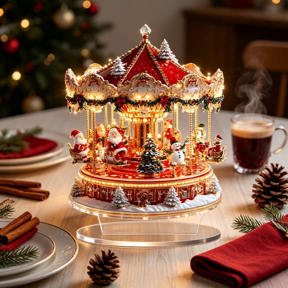Santa Carousel Acrylic Figurine, 2D Christmas Tabletop Decor with Merry Go Round Design, Holiday Centerpiece for Shelf Desk Mantel Xmas Gift