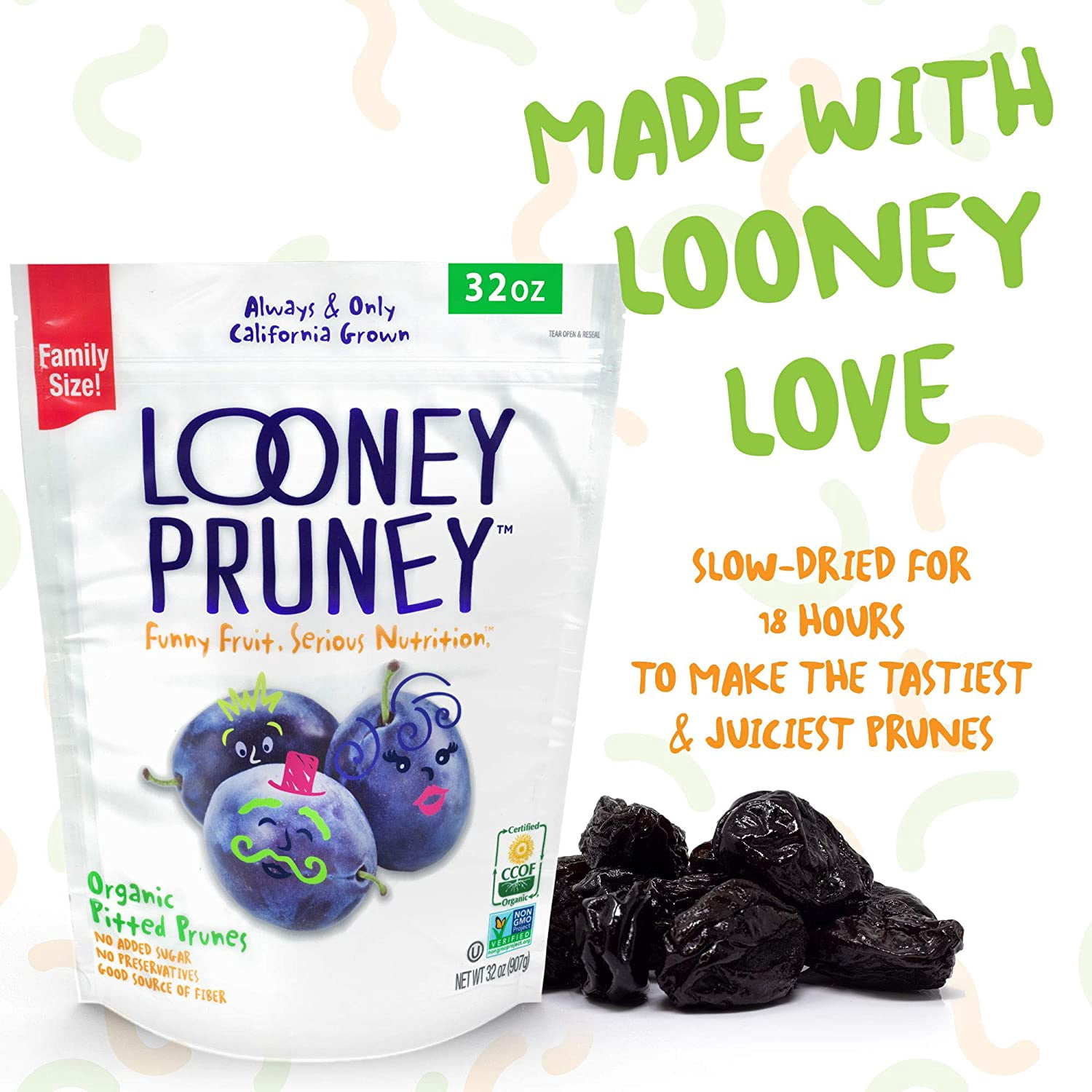 Looney Pruney Organic Pitted Dried Prunes 1-Pack (32oz Bag) for the Entire Family, Always California-Grown, Kosher, No Added Sugar & No Preservatives