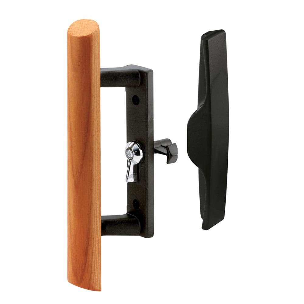 Sliding Glass Door Handle Set, 31/2 in., Diecast and Wood, Black, Hook Style, Internal Lock