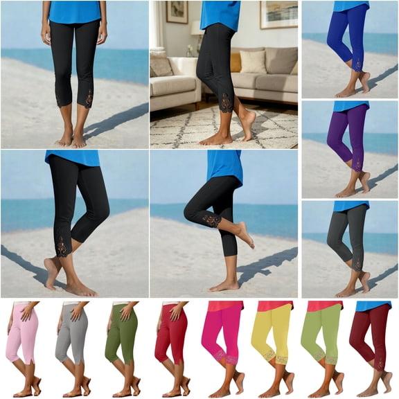 QATAINLAV Womens Floral Lace Stitching Leggings Elastic High Waisted Stretch Soft Cropped Yoga Pants Solid Slim Legging Capris Black XXL Sales Today