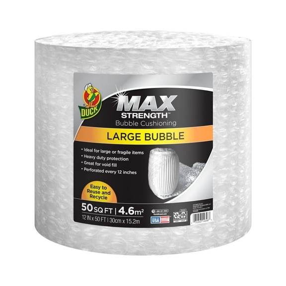 Duck Max Strength Large Bubble Cushioning Wrap Roll, 12 in x 50 ft, Clear, (287222)