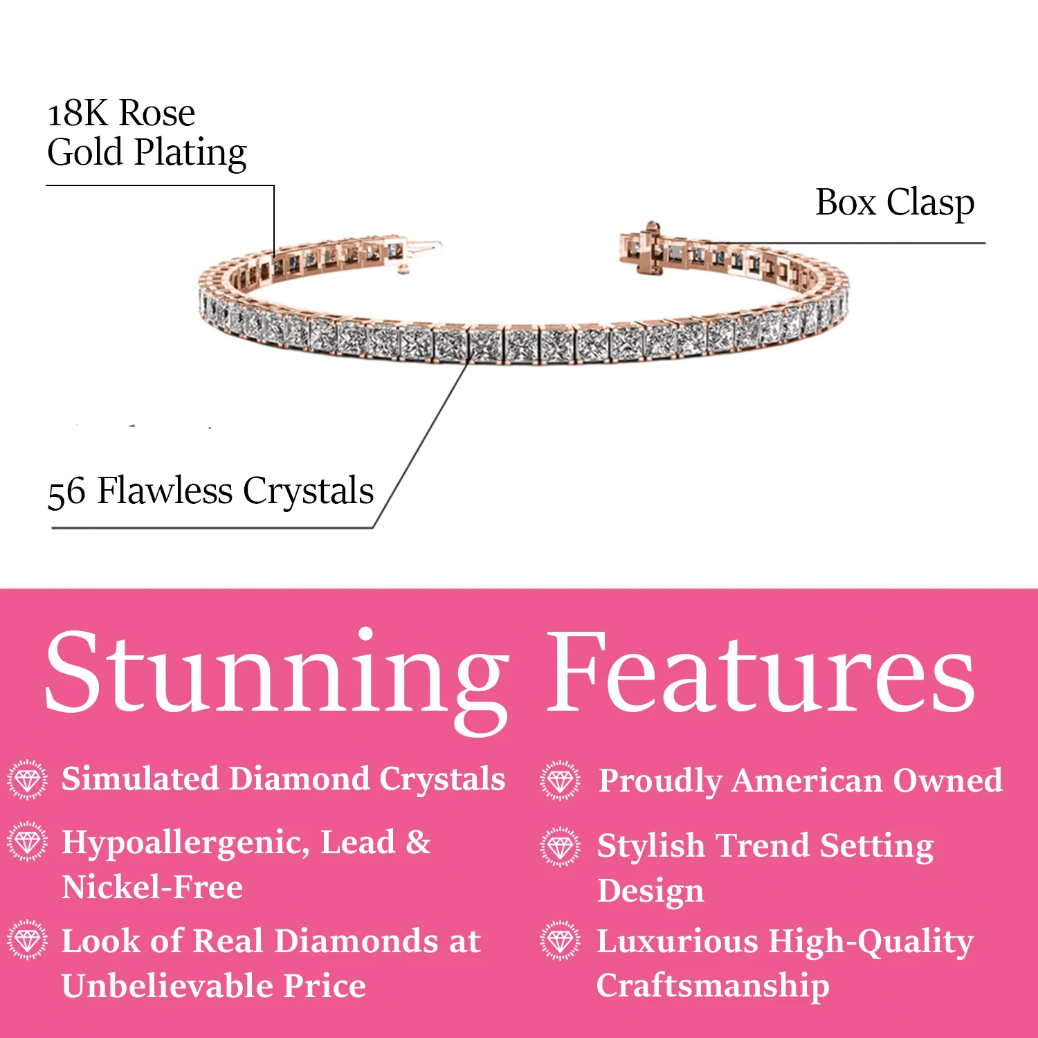 Cate & Chloe Leila 18k Rose Gold Plated Tennis Bracelet with Simulated Diamond Crystals for Women