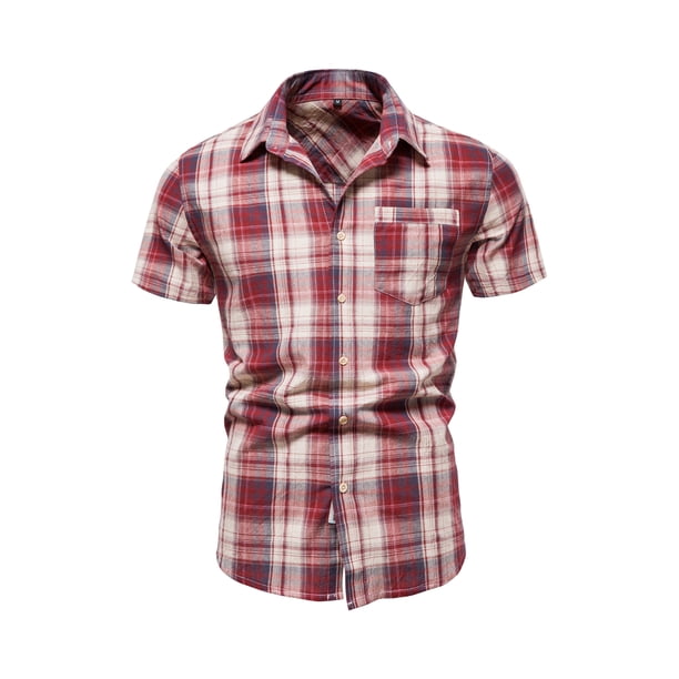 Txlixc Camisa de botón de manga corta con solapa a cuadros Txlixc moda