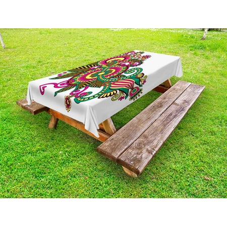 Henna Outdoor Tablecloth, Traditional Ukrainian Design Hand Drawn Floral Pattern Multicolored European Design, Decorative Washable Fabric Picnic Table Cloth, 58 X 84 Inches,Multicolor, by