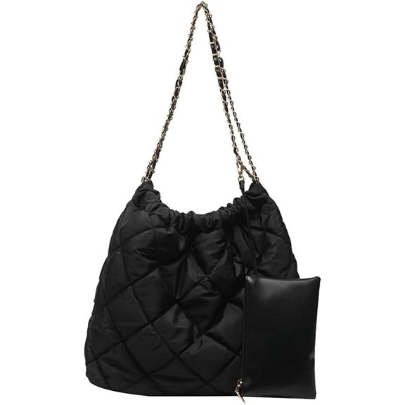 Kukuzhu Quilted Tote Bag for Women Padding Down Cotton Hobo Bag Fashion Large Shoulder Bag