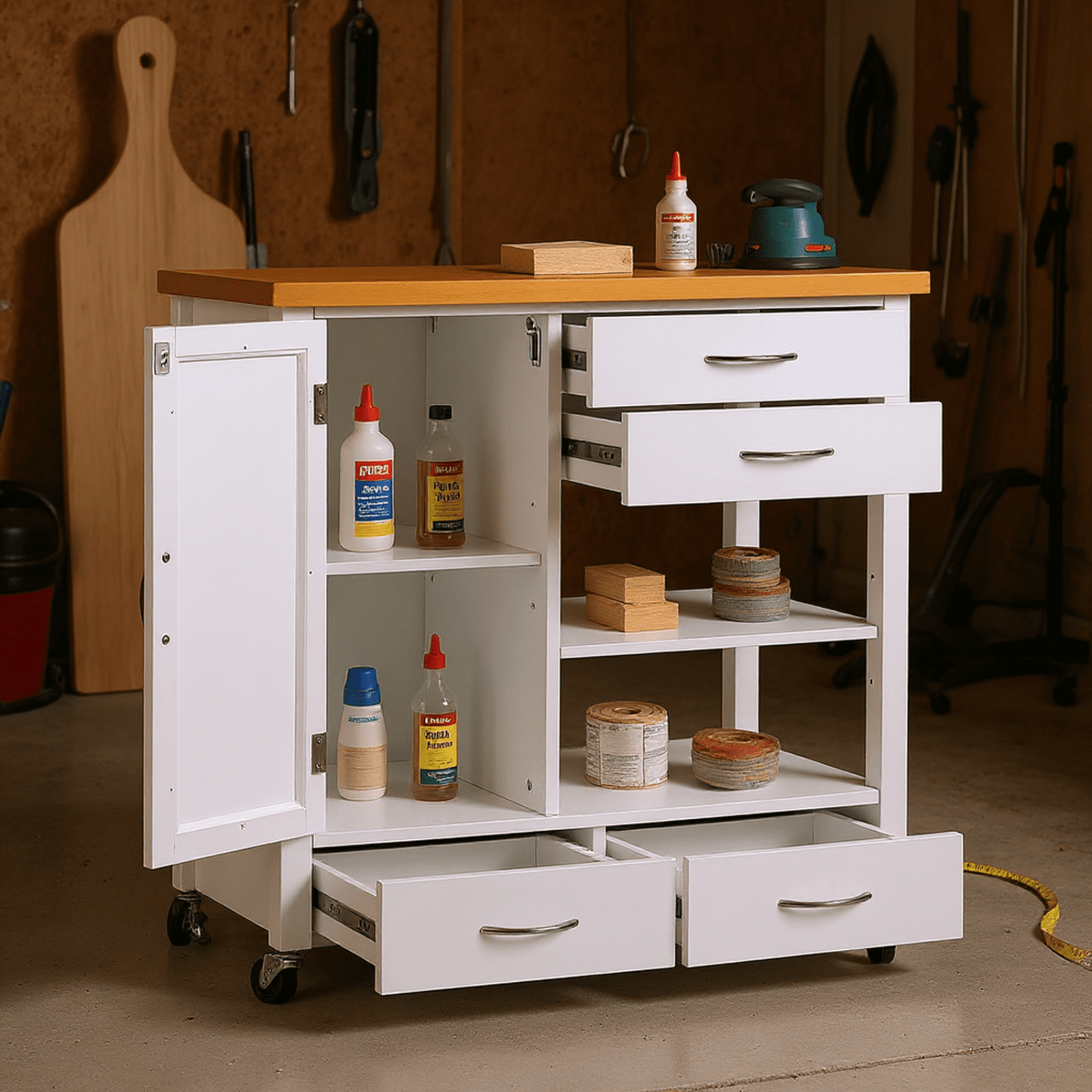Homy Casa Mobile Garage Storage Cabinet with Drawers, Shelves, and Lockable Wheels, White