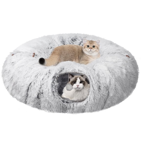 Large Plush Tunnel Bed, Collapsible Soft Play Tunnel Tube with Central Mat& Hanging Balls& Peepholes, Tube Playground Toy for Pet Cat Rabbit
