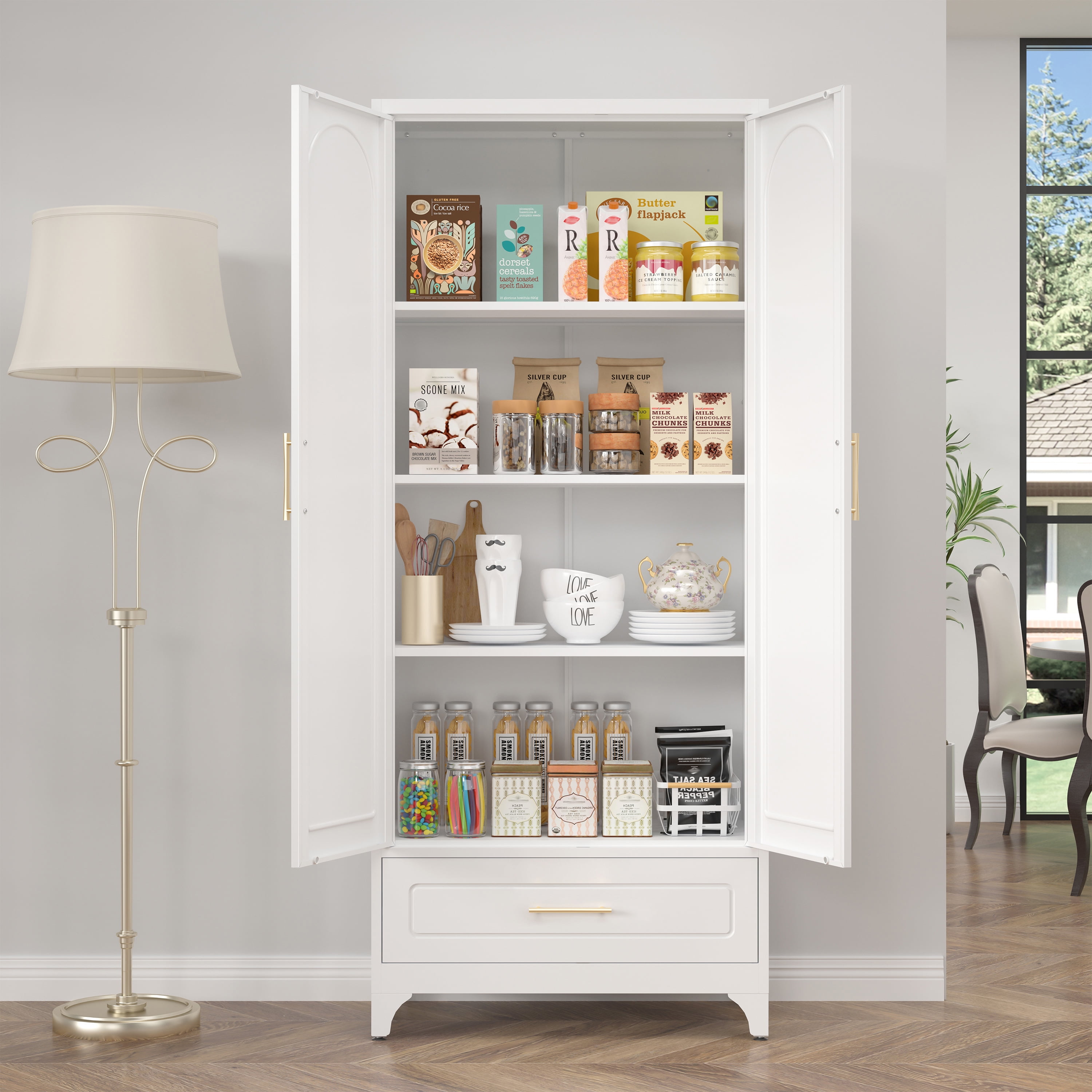 Polup 75" H White Kitchen Pantry Storage Cabinets with Drawers, Doors and Shelves, Steel Large Cupboard