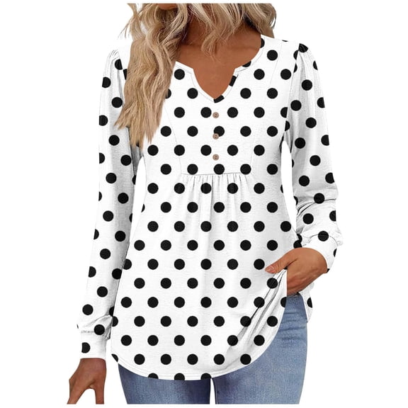 HAiming Womens Polka Dots Tops Casual Long Sleeve V Neck Button Shirts Loose Dressy Tunic Blouses Fall Fashion Clothes