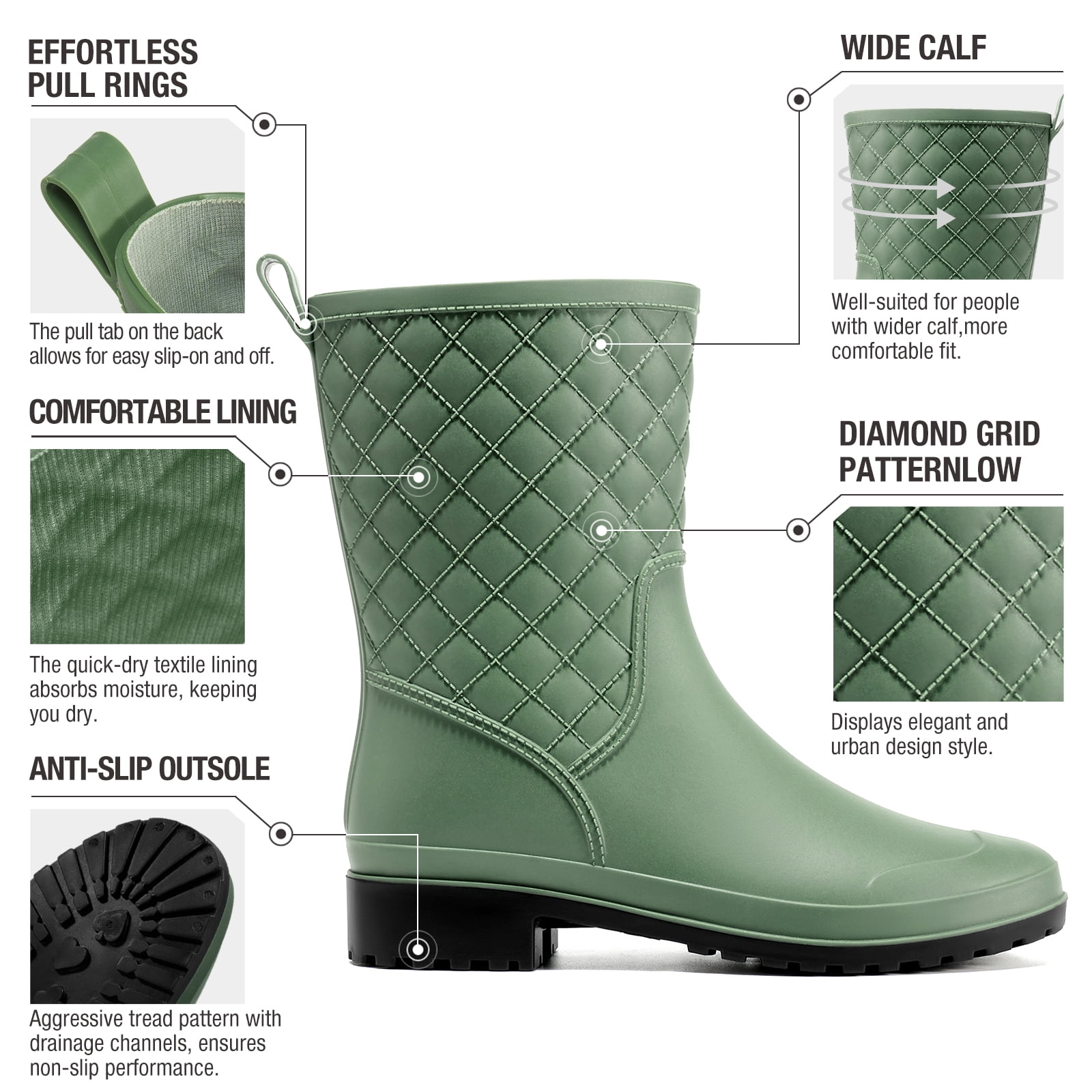 HISEA Women's Waterproof Mid-Calf Rain Boots, Lightweight, Slip-Resistant, Comfortable with Foam Insole,Green,Size 6