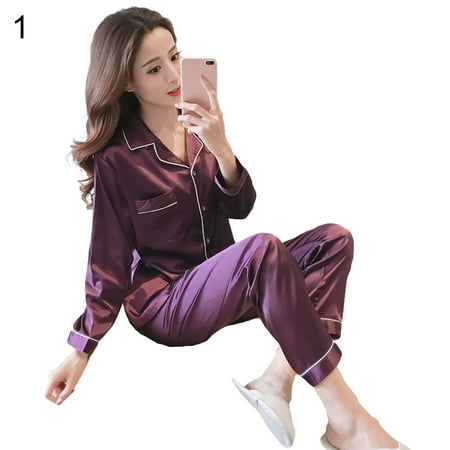

YMH Women s Satin Pajama Set V-neck Long Sleeve Solid Color Two-pieces Sleepwear