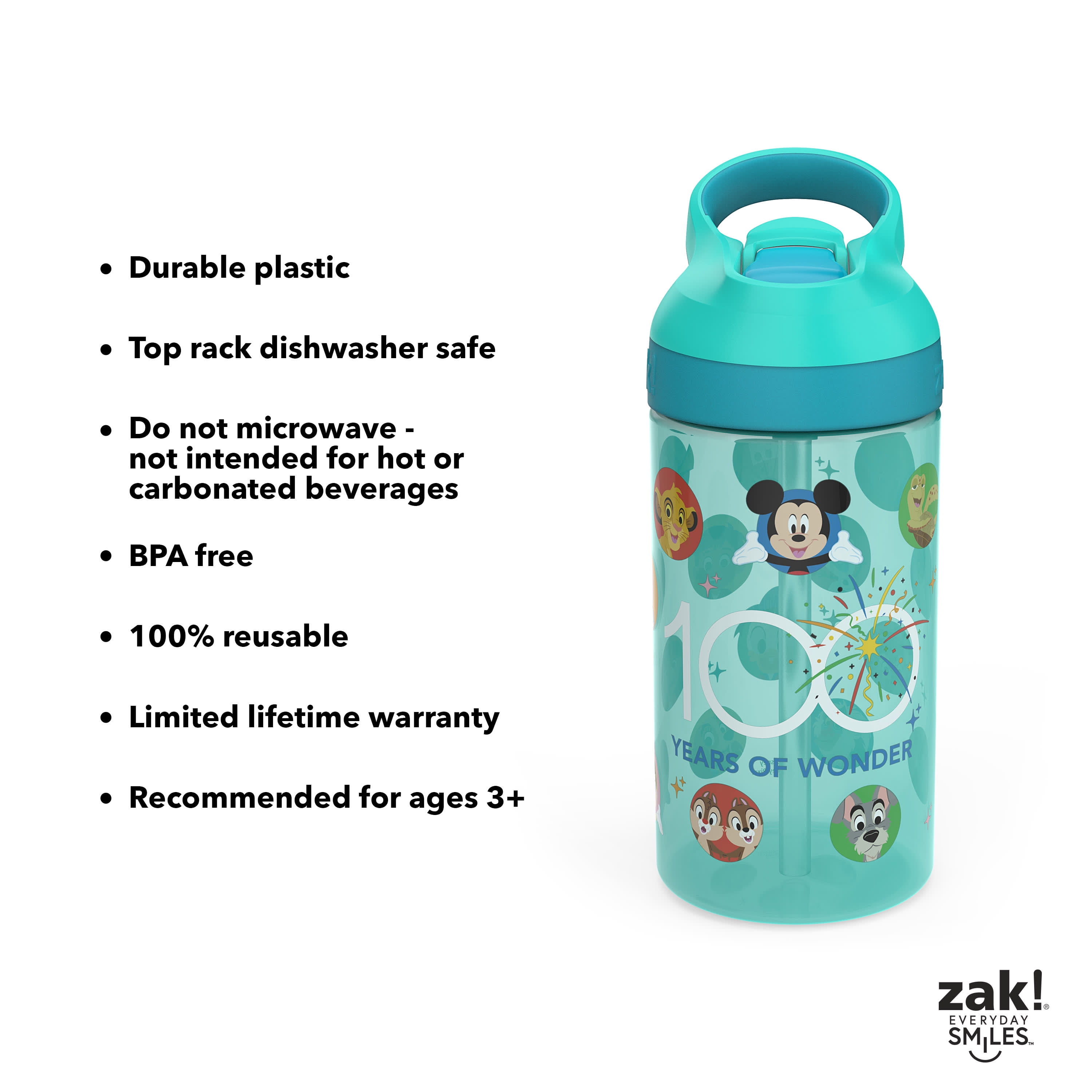  Zak Designs Disney100 Water Bottle For School or Travel, 25 oz  Durable Plastic Water Bottle With Straw, Handle, and Leak-Proof, Pop-Up  Spout Cover (Disney and Pixar, Blue) : Everything Else