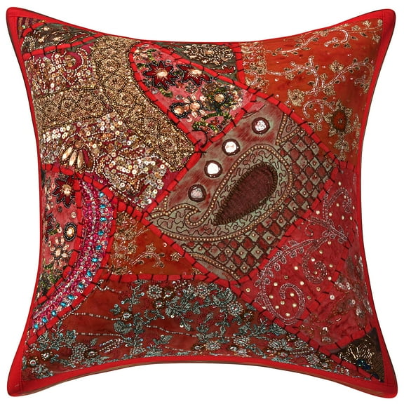 Stylo Culture Bohemian Chair Seat Throw Pillow Cover 16 x 16 Beaded Sequins Red Indian 40x40 cm Patchwork Cotton Embroidered Square Cushion Cover | 1 Pc