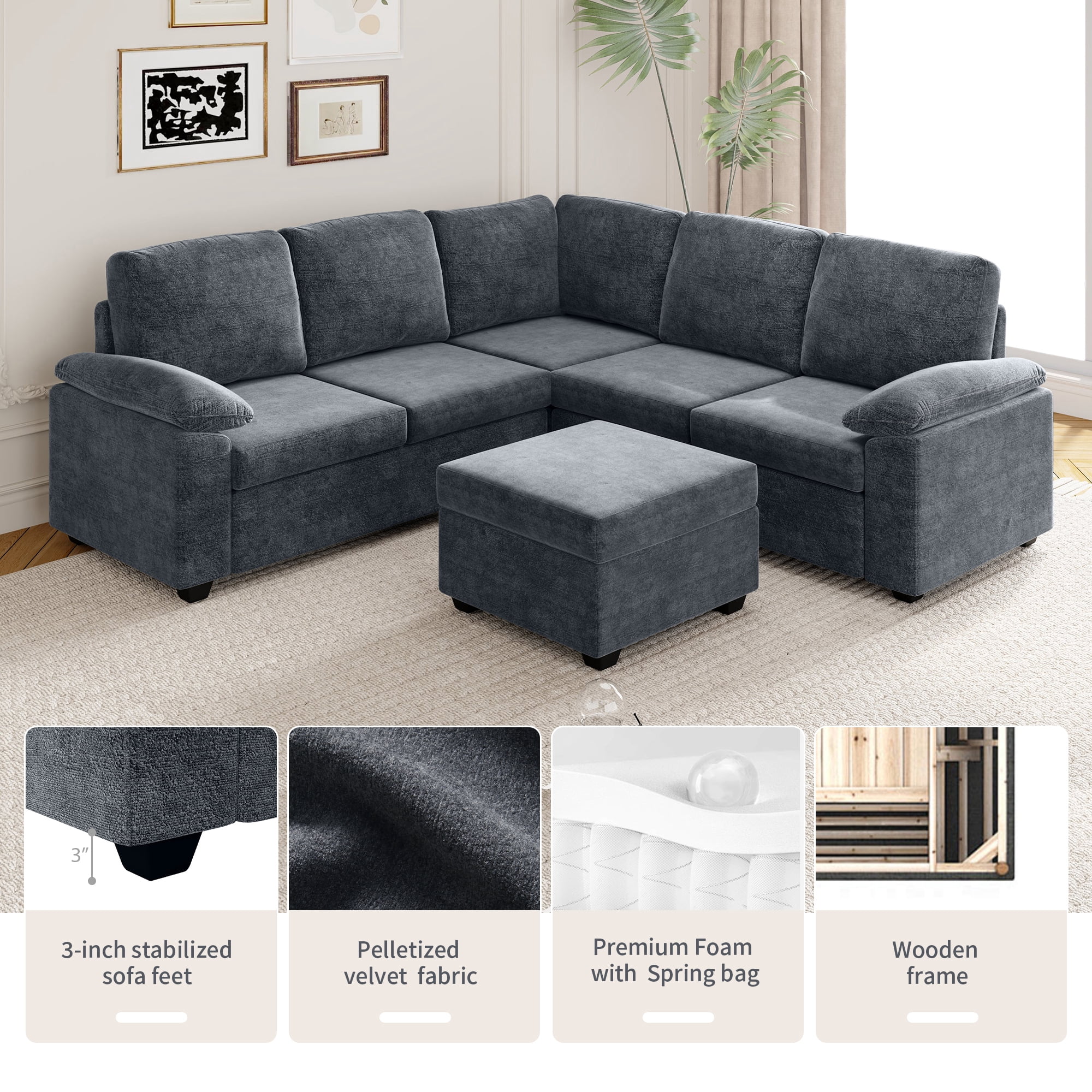 EUROCO 2000LBS 84" Modern U Shaped Sectional Sofa Set, 6 Seat Velvet Upholstered Corner Couch with Ottoman, Armrest Pillow, Indoor Furniture for Living Room, Apartment, Office, Gray