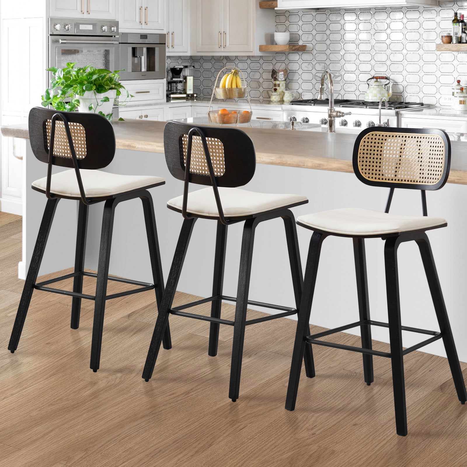 WOOW DEPOT PU Bar Stools 26" Counter Height w/ Rattan Back Set of 1, Modern Black Bent Wood Bartool Leather Upholstered Chair for Kitchen Pub Island Dining Room