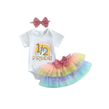 

jaweiwi Baby Girls 3Pcs Birthday Outfits 3M 6M 9M Short Sleeve Letter Romper + Rainbow Tutu Shorts + Headband Clothes Set
