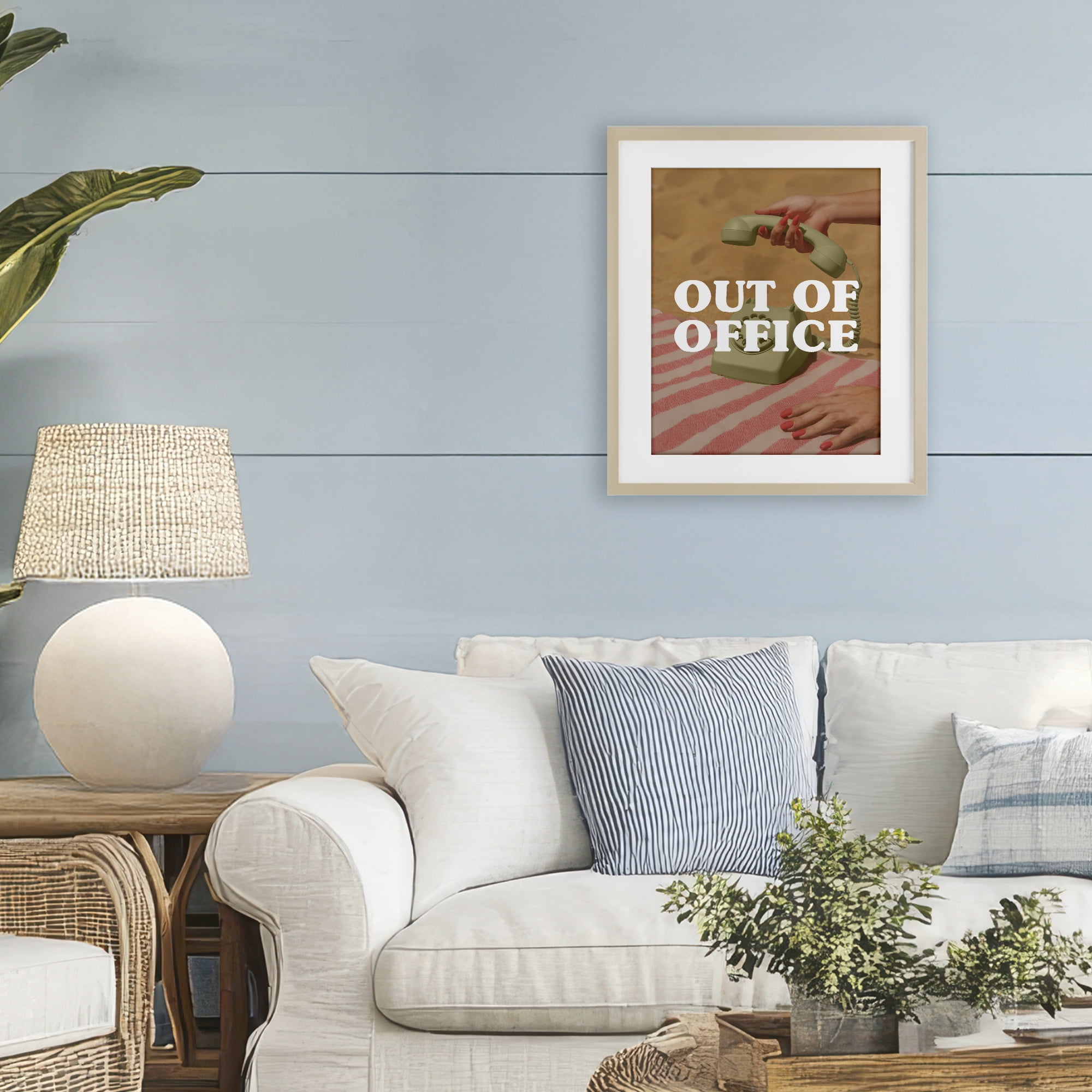 Out of Office Green Phone Birch Framed Print Under Glass, design by Lil' Rue