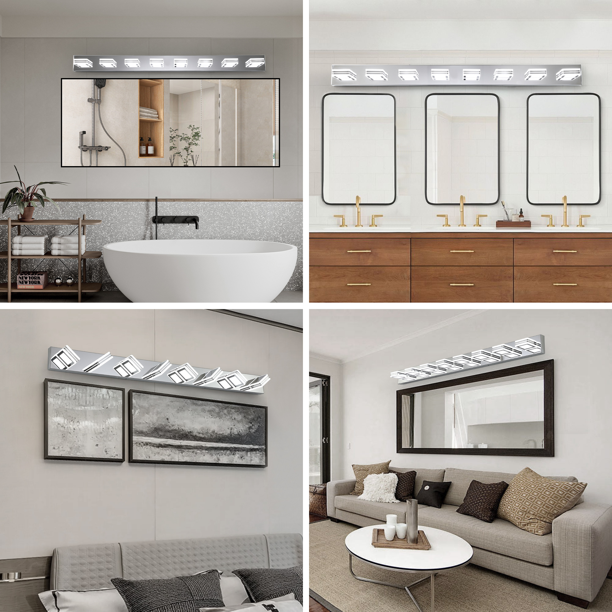 Leumius Modern 8-Light LED Vanity Light, Square Acrylic Lampshades Wall Mount Fixture for Mirror, Bathroom, Bedroom and Hallway Chrome