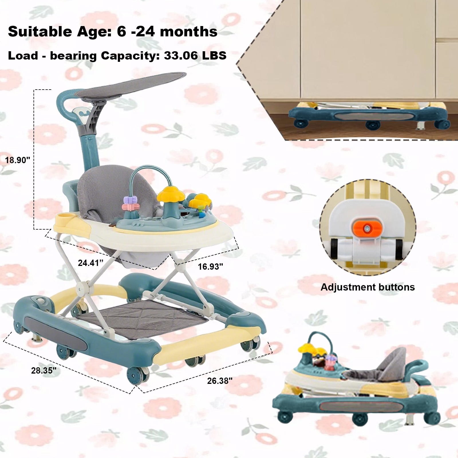 MINGYI 5-in-1 Baby  Walker, Foldable, Height Adjustable, Quiet Wheels, Easy Clean, Green, Suitable for Boys and Girls