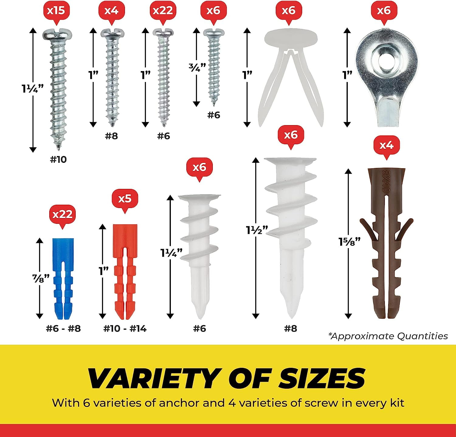 JJEAN-Drywall and Hollow-Wall Anchor Assortment Kit, Anchors, Screws, Wall Anchor Hooks, and Hollow-Door Toggle Anchor