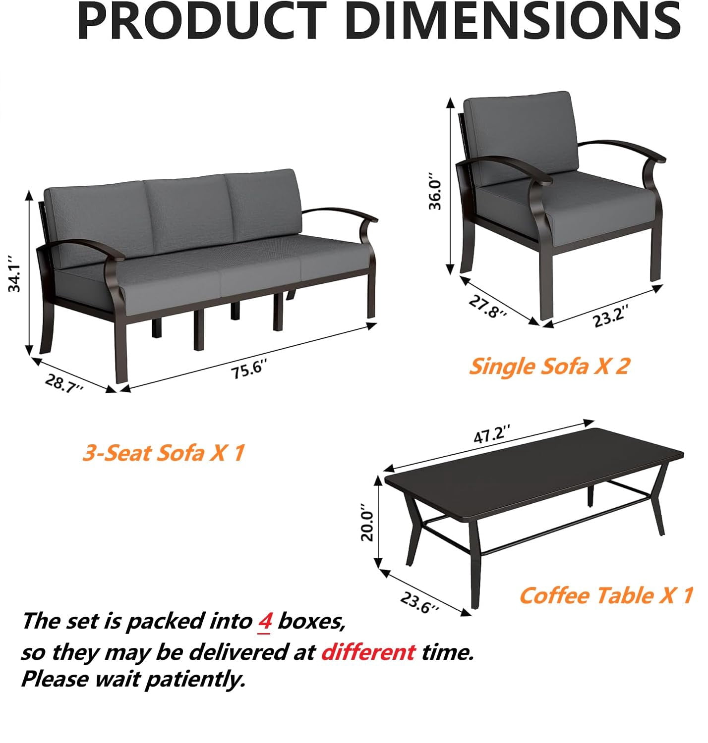 Gotland 5 Piece Aluminum Patio Furniture Set,Modern Metal Outdoor Patio Furniture w/5.1'' Thick Cushion and Rectangular Coffee Table,Patio Conversation Sets for Porch,Deck,Gray