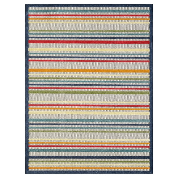 8â€™ Round Navy Colorful Striped Indoor Outdoor Area Rug