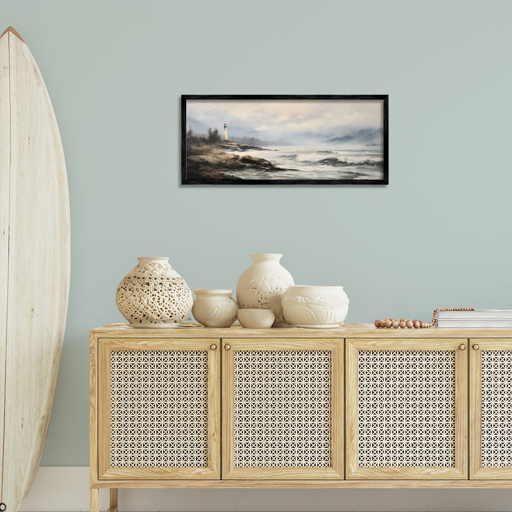 Stupell Industries Coastal Lighthouse Waves Coastal Painting Black Framed Art Print Wall Art, 30 x 13