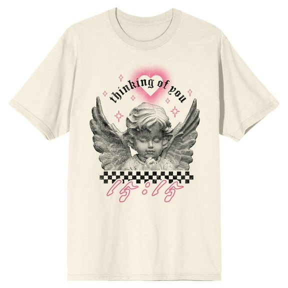 Old Statue Angel, Wings, Child, Heart, Thinking of You, 15:15, Checkered, on Sand Short Sleeve Adult T-Shirt-Medium