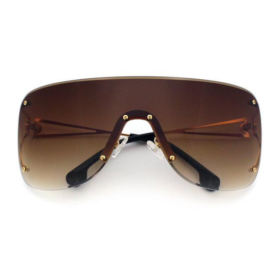 SA106 Oversized Rimless Shield Visor Wrap Around Sunglasses / Gold - Brown