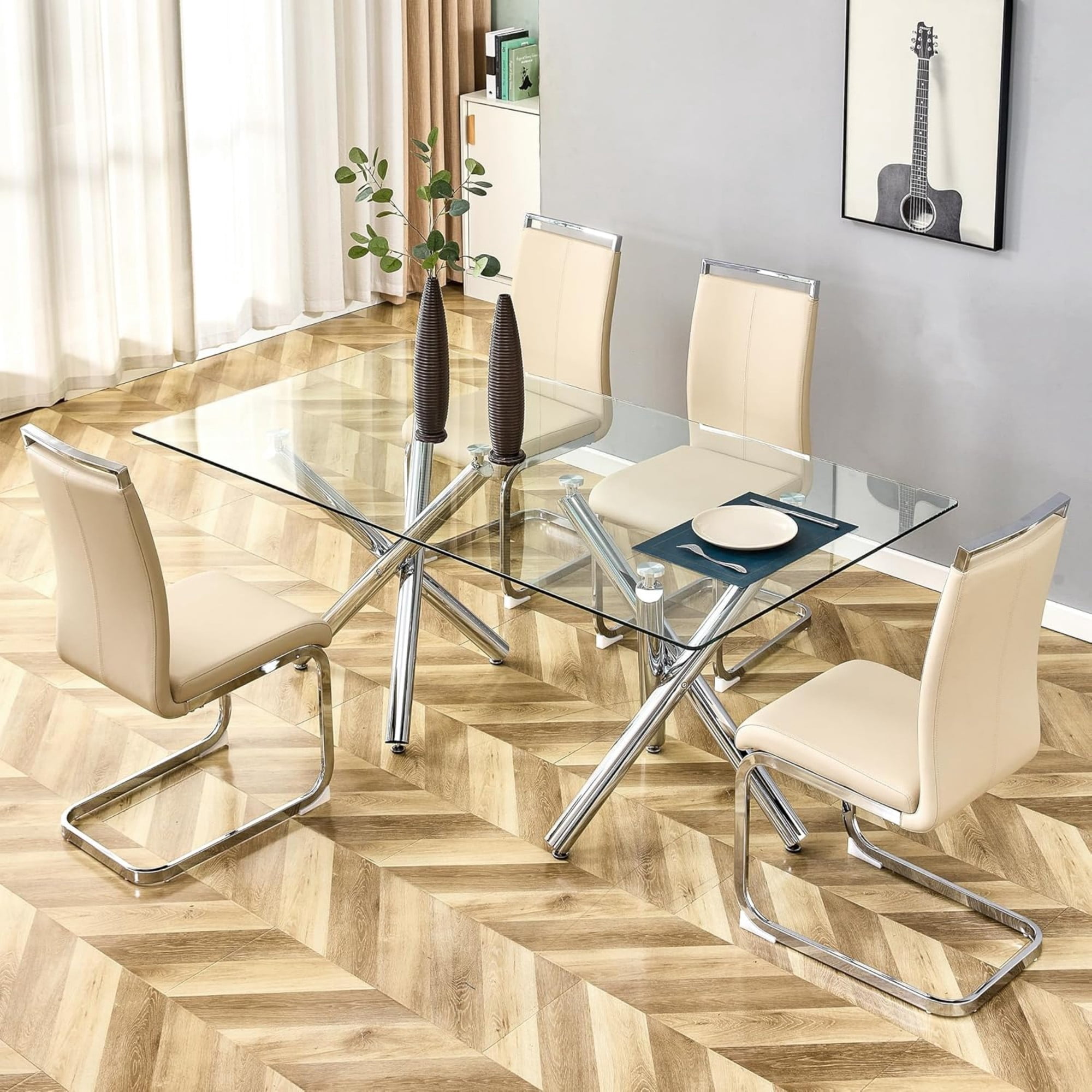 TesNus Dining Chair Set, Beige PU Leather High Back with Chrome Cantilever Frame, Set of 4 for Dining Room