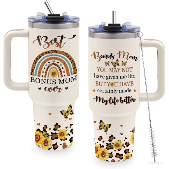 Bonus Mom Tumbler 40oz - Step Mom Gifts with Handle & Straw - Ideal Mother's Day, Birthday, Christmas Present from Step Kids