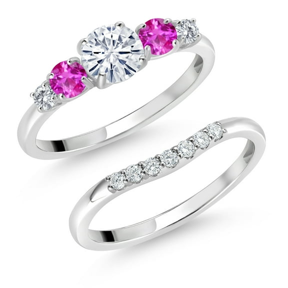 Gem Stone King 10K White Gold White Moissanite Pink Sapphire and White Lab Grown Diamond 5 Stone Bridal Engagement Wedding Ring Set for Women (0.87 Cttw, Round: 5MM and 3MM, Size 6)