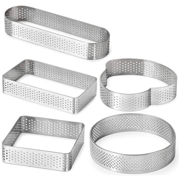 Tart Ring for Baking, Stainless Steel Perforated Pastry Ring Mold for French Tarte, 5 Shape Tart Rings with Gift Package