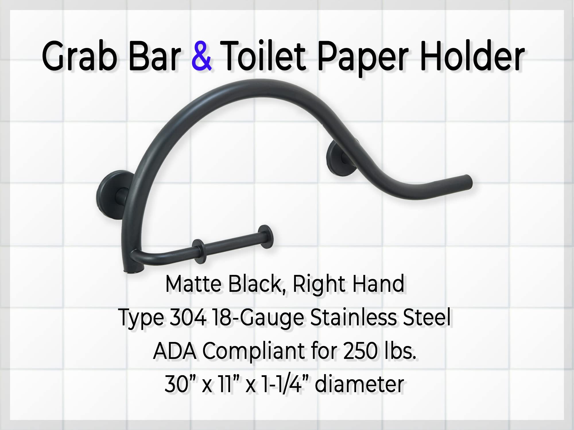 Grab Bar Toilet Paper Holder for Bathroom Safety/304 Stainless Steel/Right/Matte Black/ 30" x 11"