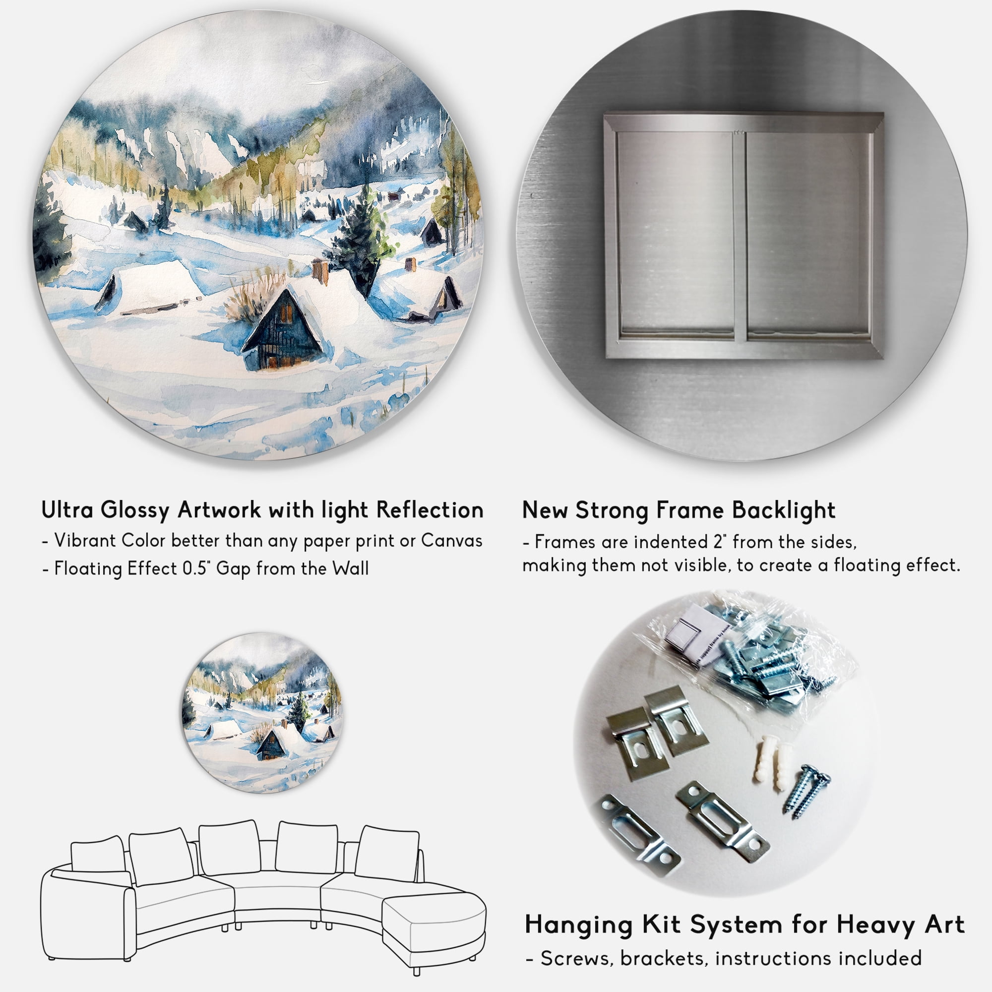 Designart 'Winter In Mountain Village' Traditional Circle Metal Wall Art 23x23 - Disc of 23